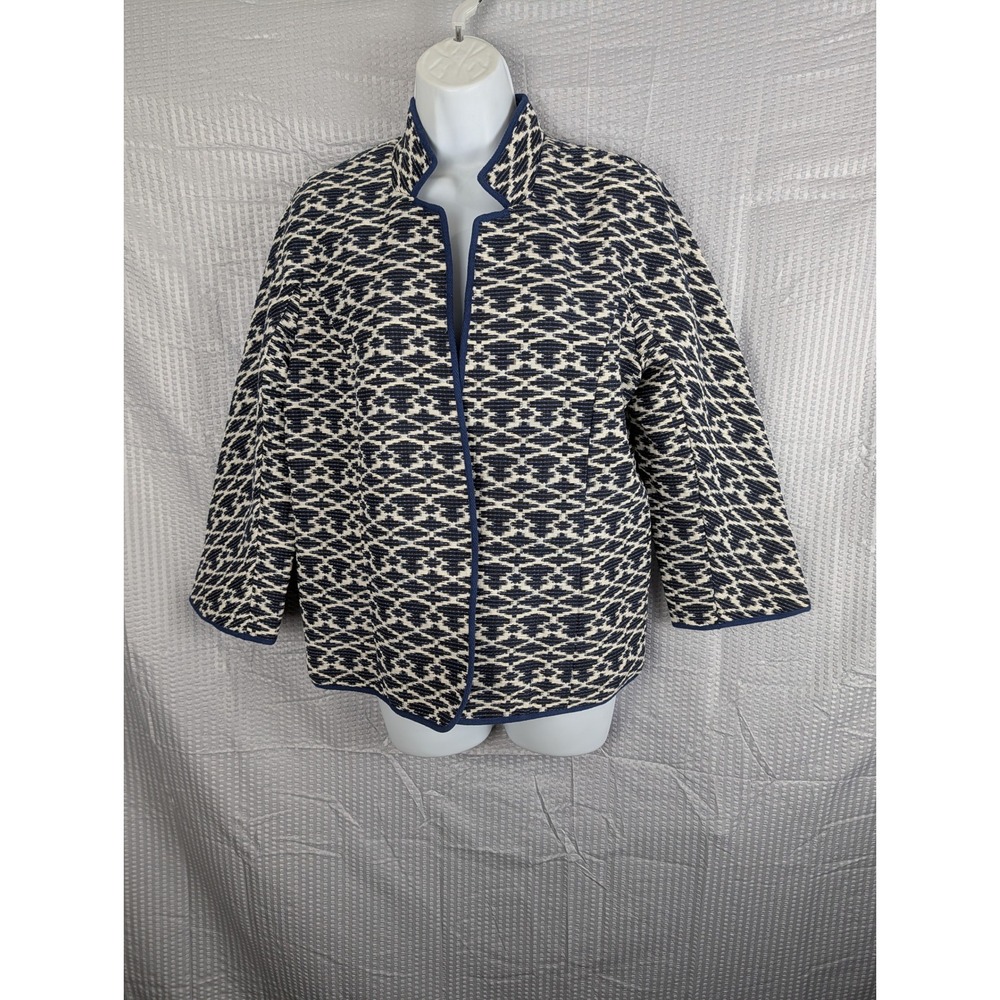 C Wonder‎ Womens 8 Navy Ivory Geometric Woven Open Front Jacket Blazer
